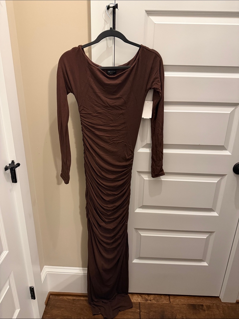 naked wardrobe Brown Long Sleeve Ruched Maxi Dress